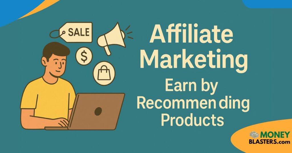 Illustration of a young man using a laptop with icons of sale tags, megaphone, and shopping bag on a teal background, representing Affiliate Marketing and the idea of earning by recommending products.