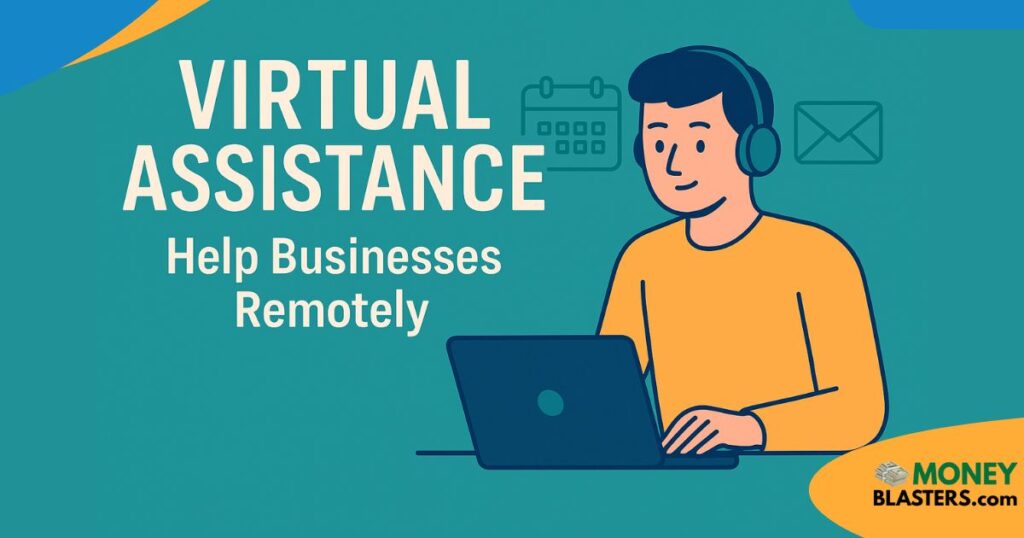 Illustration of a virtual assistant wearing headphones and working on a laptop with calendar and email icons on a teal background, featuring centered text Virtual Assistance — Help Businesses Remotely, symbolizing remote support and digital productivity.