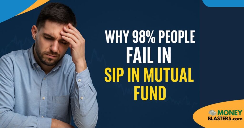 A stressed investor holding his head with a falling stock graph behind him and bold text saying “Why 98% People Fail in SIP in Mutual Fund.