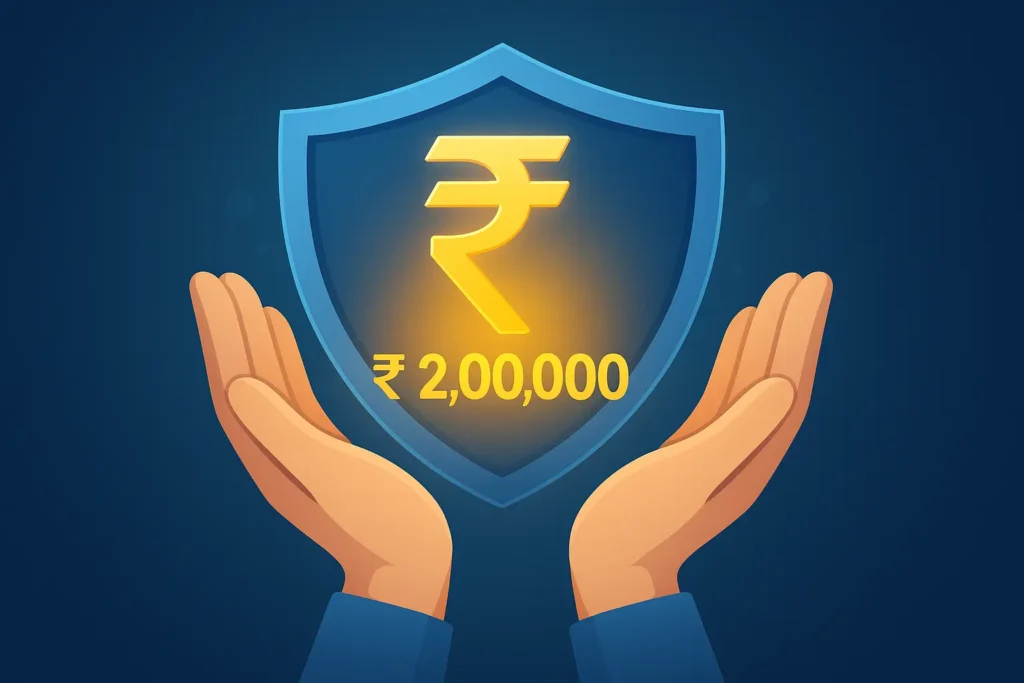 rupee signal and 2 lakh rupees in hand and it show care of family with life insurance with PMJJY 2026