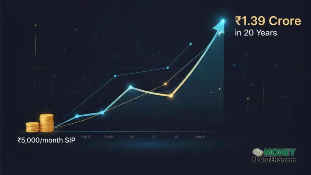 Infographic demonstrating the transition from SIP investment 5000 Rs monthly phase to SWP 1.5 lakh monthly withdrawal phase, highlighting continuous corpus growth and steady monthly income.