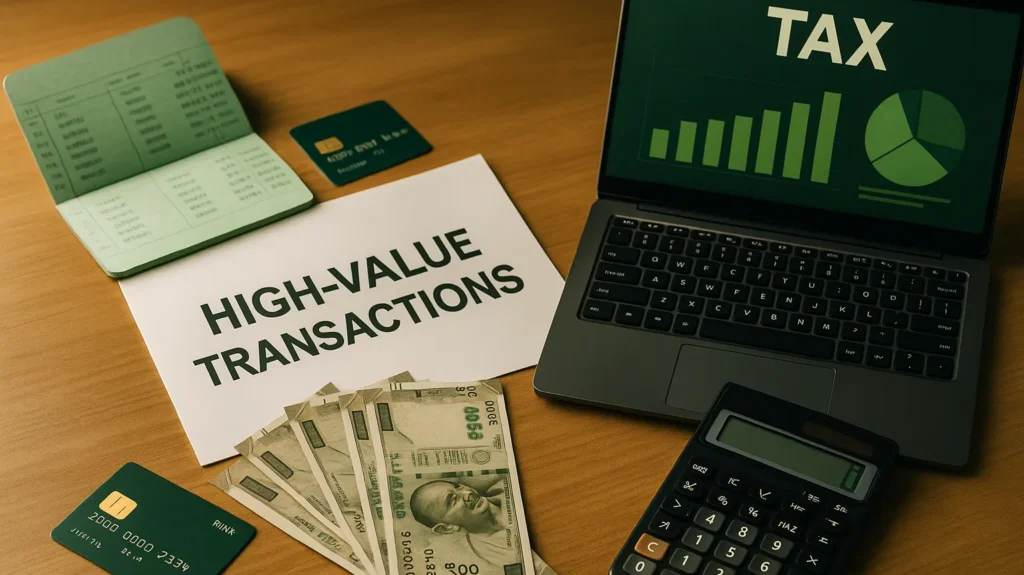 Desk with money, credit cards, bank documents, and laptop showing financial monitoring representing high-value transactions tracked by Income Tax Department.