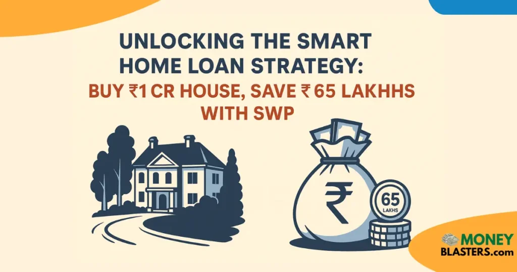 Digital banner illustrating the Smart Home Loan Strategy — a ₹1 crore house with rupee coins and mutual fund charts showing ₹65 lakh savings using SWP plan.