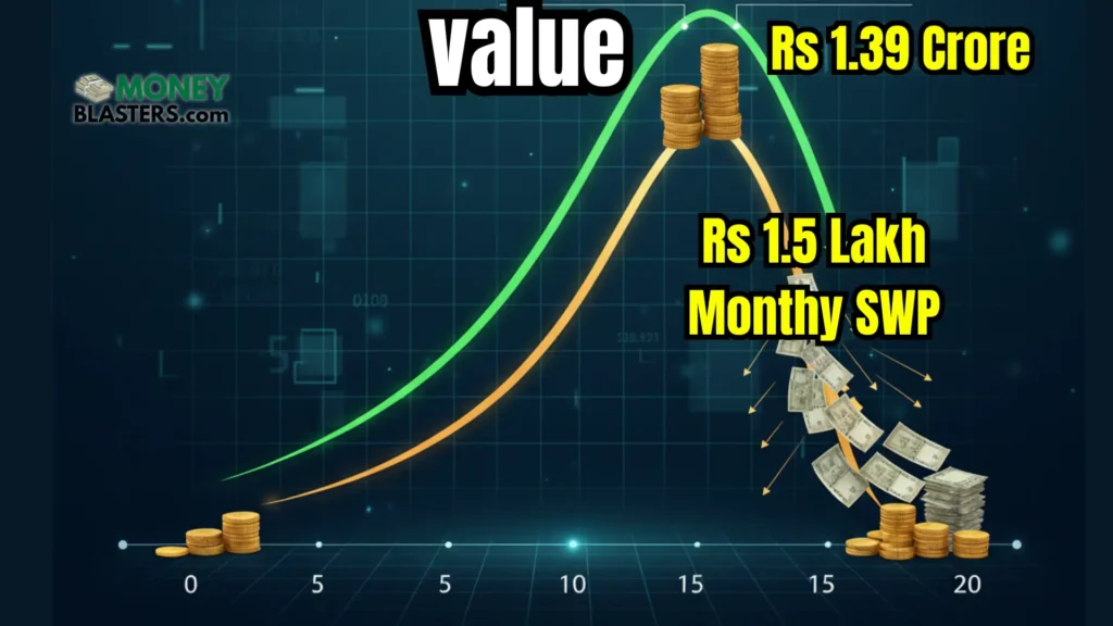 Animated financial infographic showing how SIP and SWP together create lifetime monthly income of ₹1.5 lakh while the corpus continues to grow.