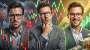 Small cap mutual fund journey showing market crash stress, correction volatility, and long-term wealth creation with investor confidence.