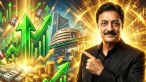 Abhishek Chouhan pointing towards rising small-cap stock charts representing Shankar Sharma’s multibagger strategy.