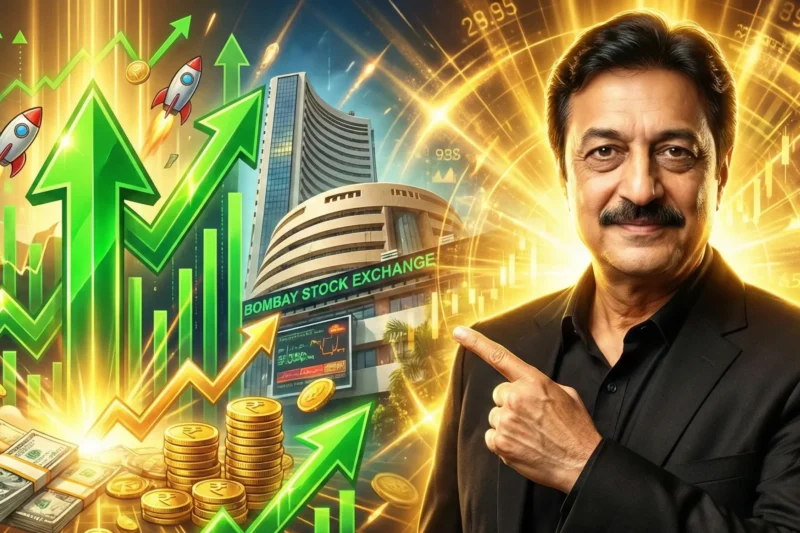 Abhishek Chouhan pointing towards rising small-cap stock charts representing Shankar Sharma’s multibagger strategy.