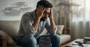 Psychology of money in investing showing an investor choosing discipline over lifestyle spending