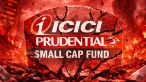 Dramatic financial crash illustration showing panic among investors and collapsing stock market, representing concerns over ICICI Prudential Small Cap Fund performance.