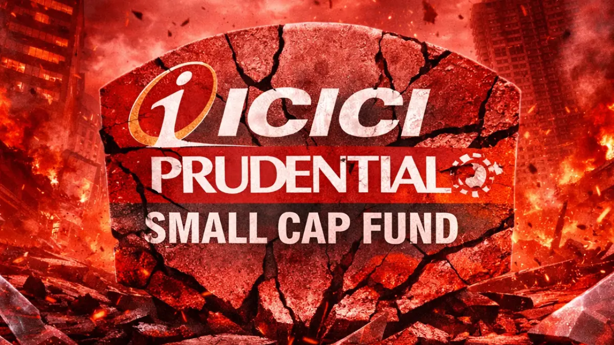 Dramatic financial crash illustration showing panic among investors and collapsing stock market, representing concerns over ICICI Prudential Small Cap Fund performance.