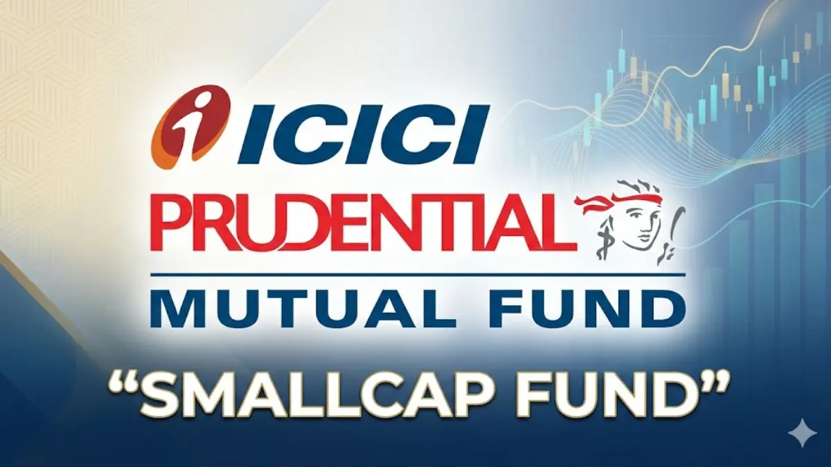 ICICI Prudential Mutual Fund logo with Small Cap Fund text on a professional financial news background