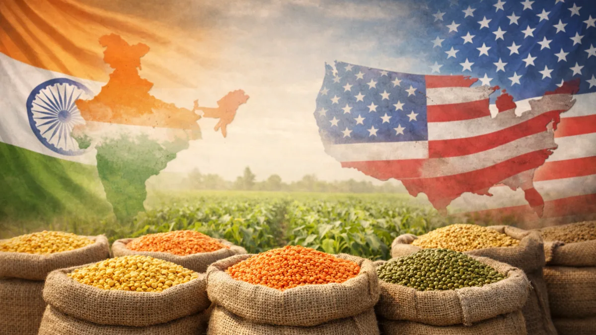 India US pulses tariff impact on agricultural trade and farmers, showing sacks of lentils and subtle India-US map overlay.