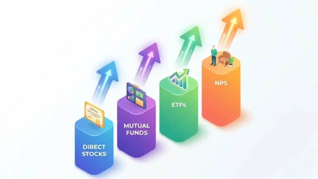 Stock market basics showing different investment options like stocks, mutual funds, and ETFs