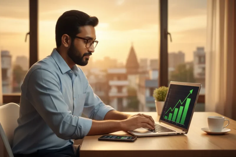 Young Indian investor tracking equity mutual funds India portfolio on laptop showing upward growth