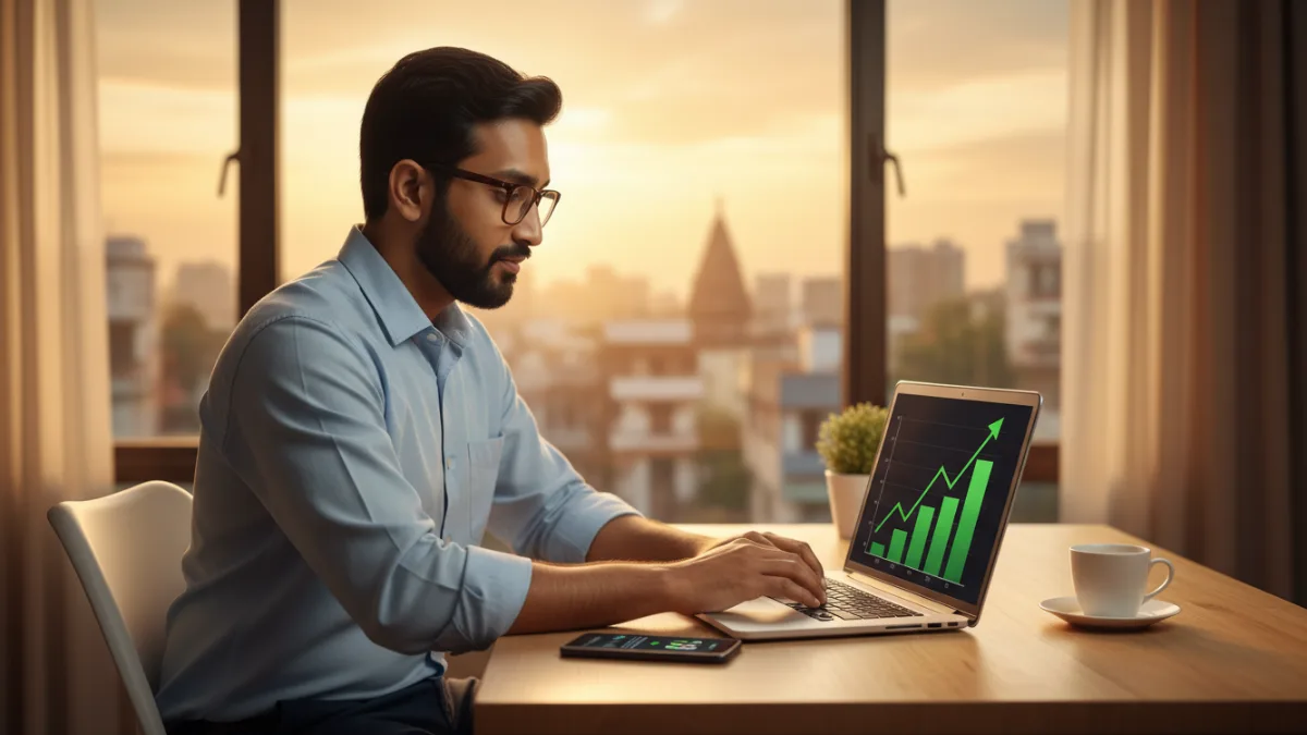 Young Indian investor tracking equity mutual funds India portfolio on laptop showing upward growth