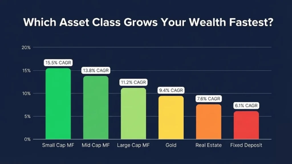 Equity mutual funds India vs FD vs Gold vs Real Estate historical CAGR returns comparison chart