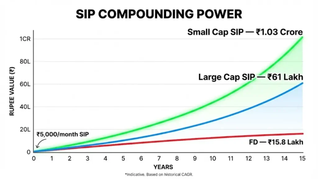 SIP equity mutual fund returns India — ₹5000 monthly SIP growing to ₹1 crore in 15 years compounding chart